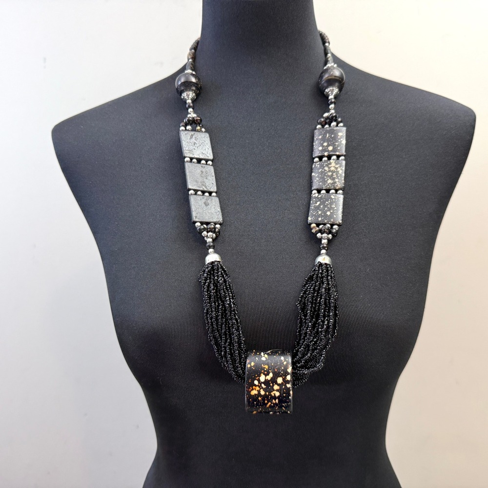 Seed Bead Tassel Statement Necklace Speckled Black Acrylic Stones Jewelry 16 in